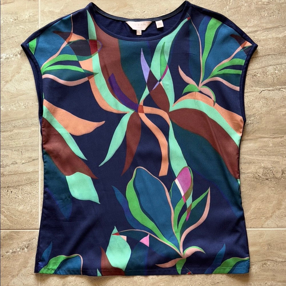 Ted Baker Navy Floral Blouse with Green and Orange Accents